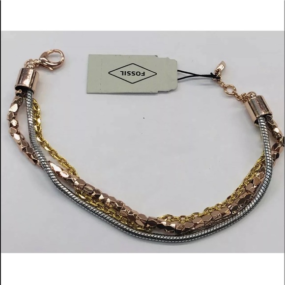 Fossil 3-Chain Bracelet Gold Silver-Toned Charm Stacking Multi Fashion Gift - Picture 1 of 9